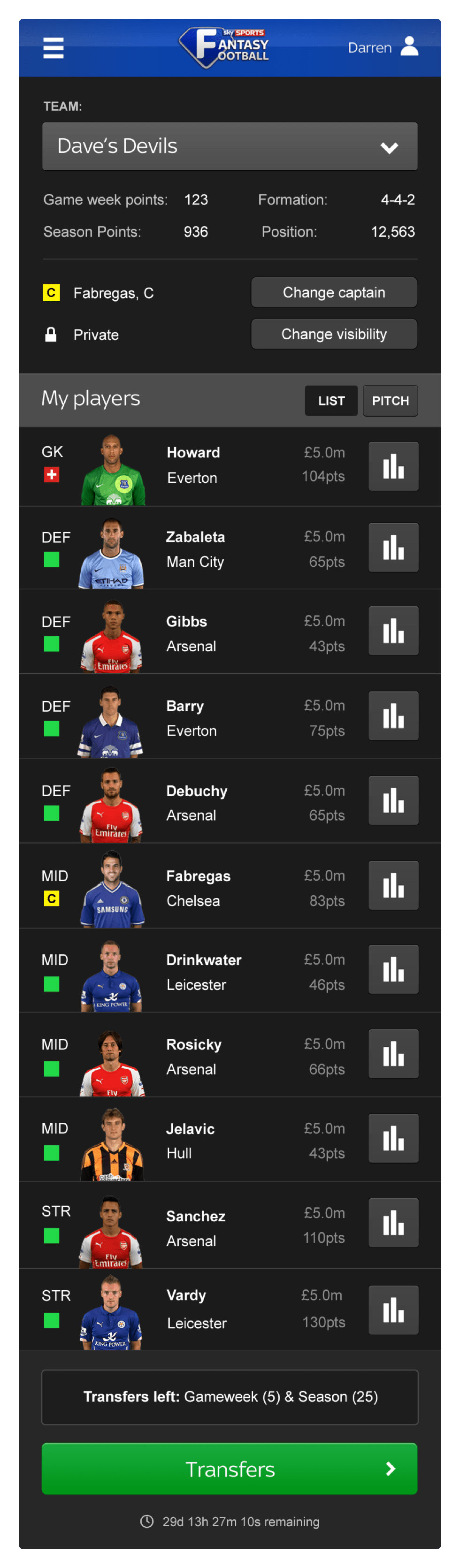 Fantasy Football Team View Mobile
